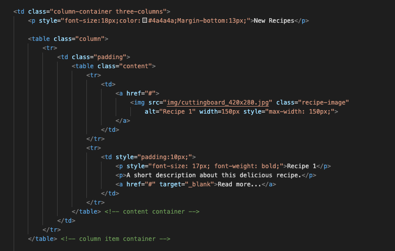 Code snippet of tables within tables to control formatting