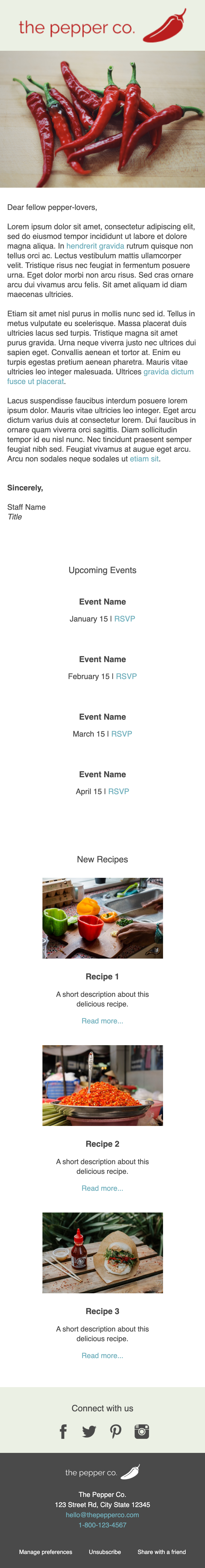 Full image of the Pepper Co. newsletter on mobile