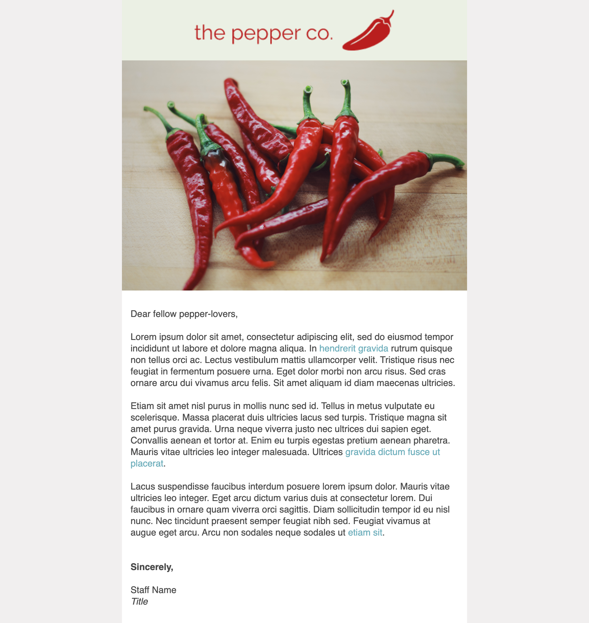 Screenshot of the Pepper Co. newsletter on desktop
