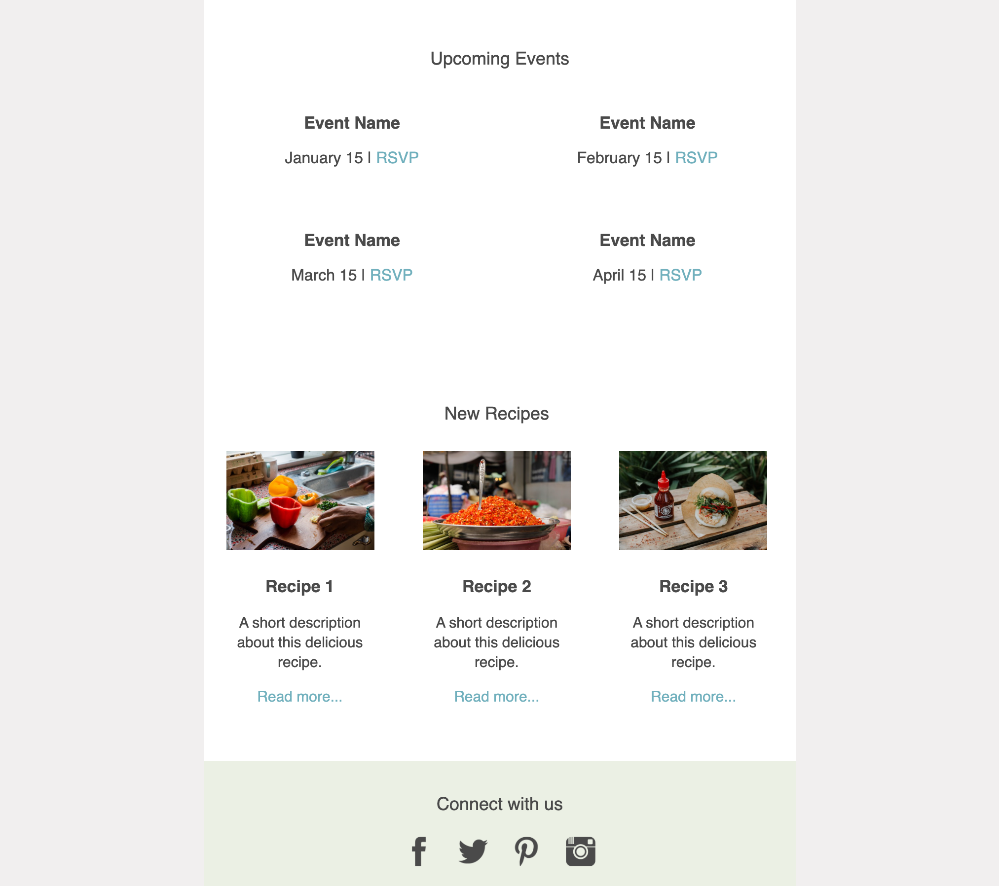 Snippet of the Events and Recipes section on desktop