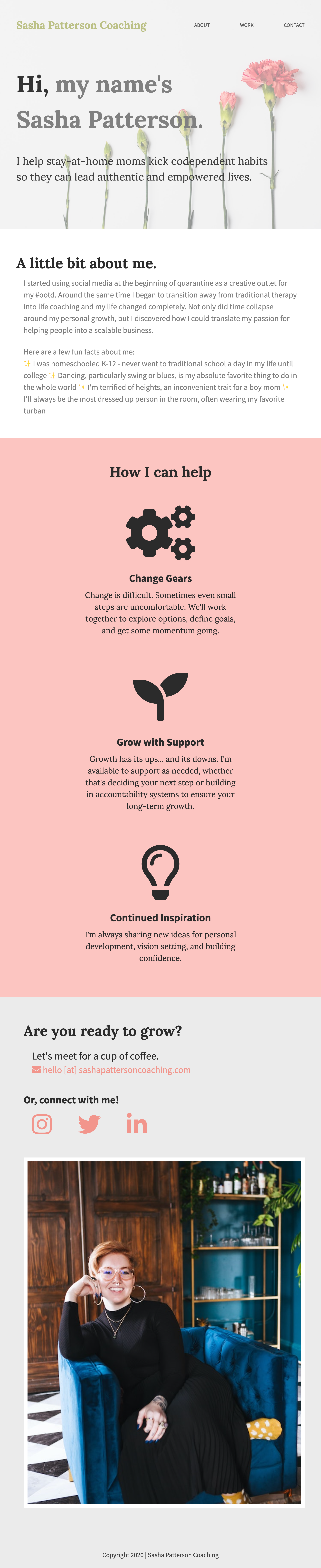Full screenshot of the Sasha Patterson Life Coach website on mobile