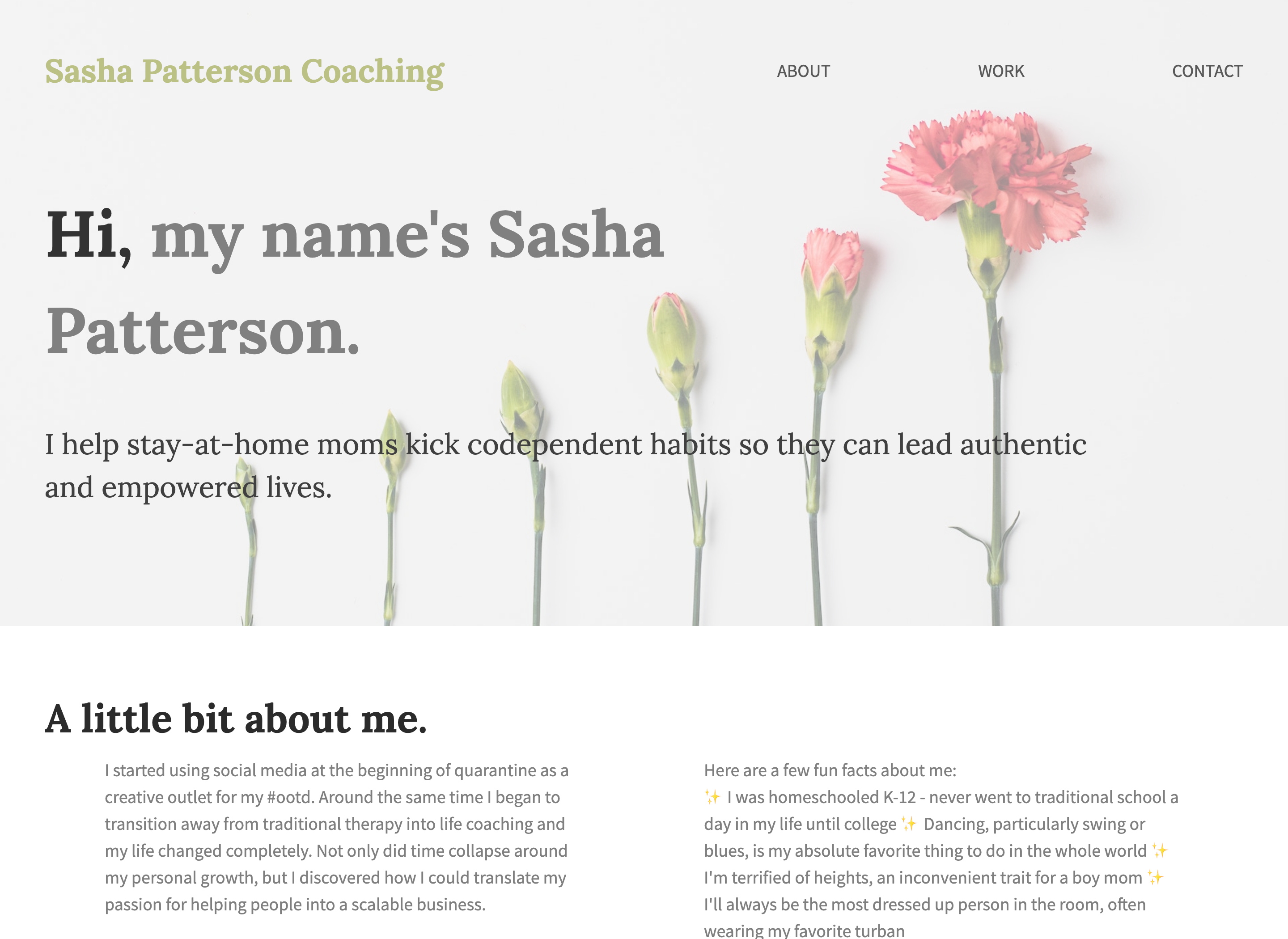 Screenshot of the Sasha Patterson Life Coach website on desktop